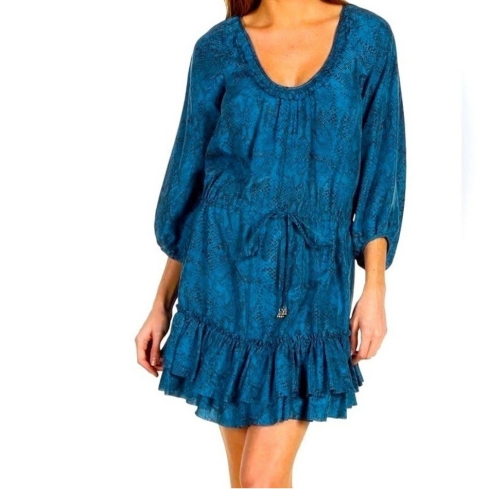 Rebecca Taylor Teal Boho Dress with 3/4 Sleeve, Ruffle Hem Sz 8